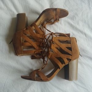 Cognac Suede Cage Block Heels